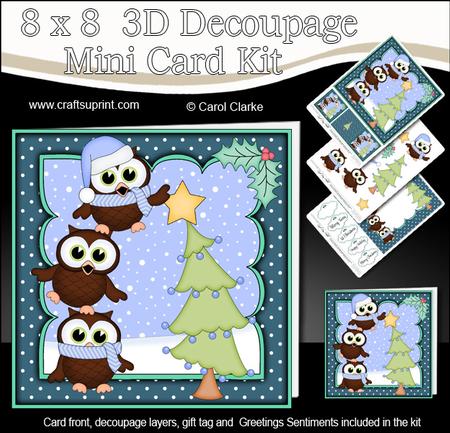8x8 Xmas Little Hoot Owl Dressing the Tree 3D Decoupage