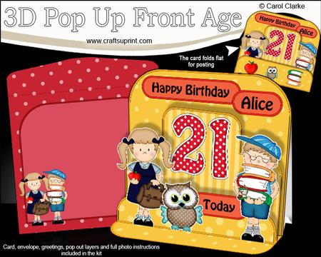 3D 21st Birthday Alice Schoolchildren & Owl Pop Up Age