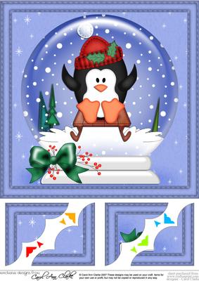 8 x 8 Xmas Pip Penguin Snowglobe Scalloped Corner