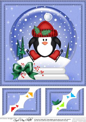 8 x 8 Xmas Pip Penguin Snowglobe Scalloped Corner