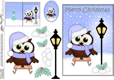 Christmas Little Hoot Owl Lamp Post 5x7 3D Decoupage