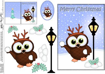 Christmas Little Hoot Owl Lamp Post 5x7 3D Decoupage