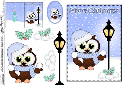 Christmas Little Hoot Owl Lamp Post 5x7 3D Decoupage
