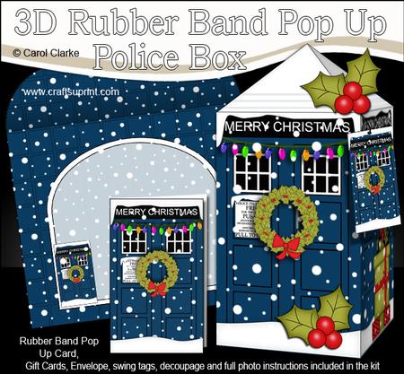 3D Christmas Police Box Rubber Band Pop Up Card