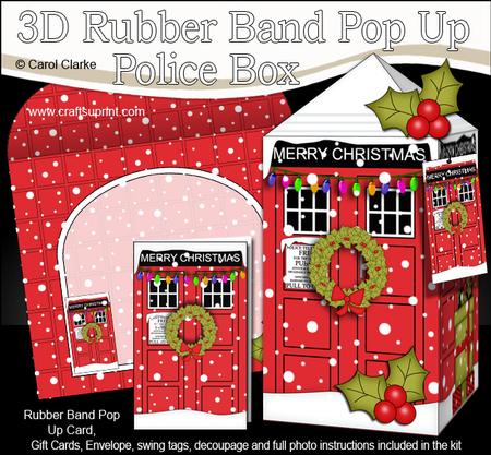 3D Christmas Police Box Rubber Band Pop Up Card