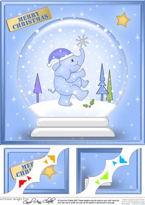 8 x 8 Xmas Elephant Snowglobe Scalloped Corner Topper