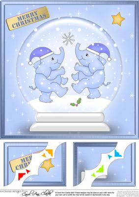 8 x 8 Xmas Elephants Snowglobe Scalloped Corner Topper