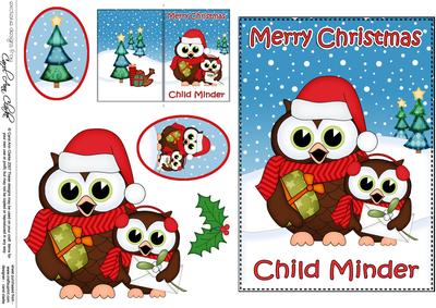 5x7 Xmas Childminder Hoot & Little Hoot Owls 3D Decoupage