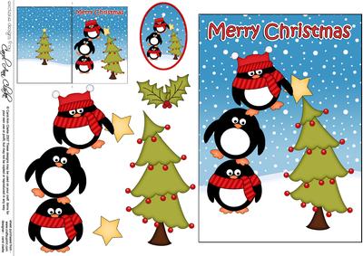 5x7 Christmas Penguins Dressing the Tree 3D Decoupage
