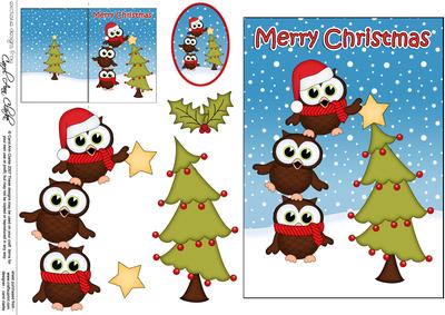 5x7 Christmas Little Hoot Owls Dressing the Tree Decoupage
