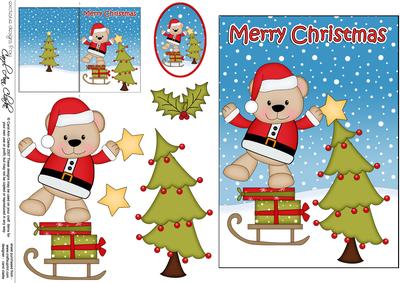 5x7 Christmas Livvy Bear Dressing the Tree Decoupage
