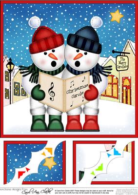 8 x 8 Singing Snowmen Merry Carollers Scalloped Topper