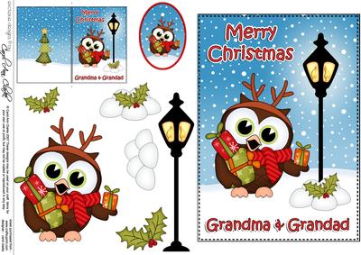 5x7 Xmas Grandma & Grandad Hoot Owl 3D Decoupage