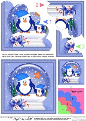 Xmas Cute Penguins Snowglobe Shell Edged Corner Stacker