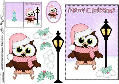 5x7 Christmas Little Hoot Owl Lamp Post 3D Decoupage