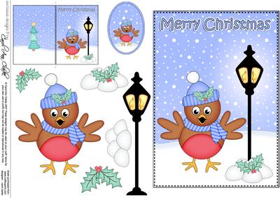 5x7 Christmas Cute Robin Lamp Post 3D Decoupage