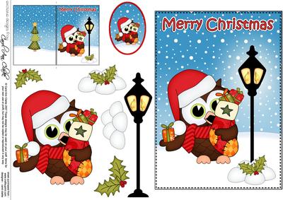 Christmas Cute Little Hoot Owl Lamp Post 5x7 3D Decoupage