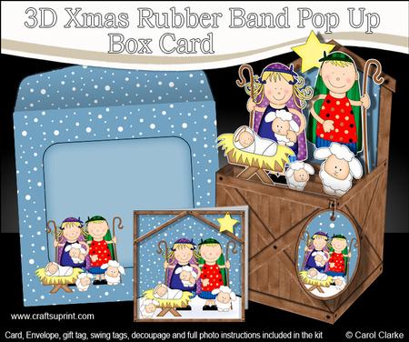 3D Shepherds Visit Nativity Rubber Band Xmas Pop Up Box Card