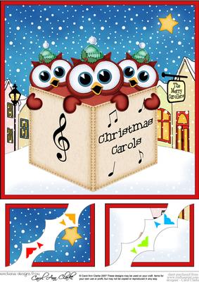8 x 8 Little Hoot Owls Merry Carollers Scalloped Topper