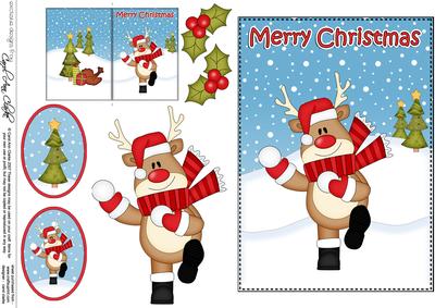 5x7 Christmas Snowballing Rudolph 3D Decoupage