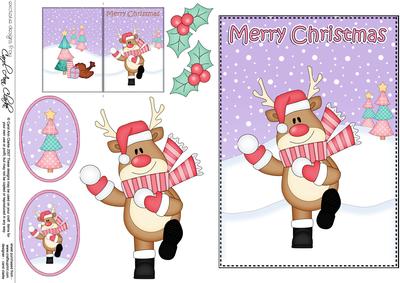 5x7 Christmas Snowballing Rudolph 3D Decoupage