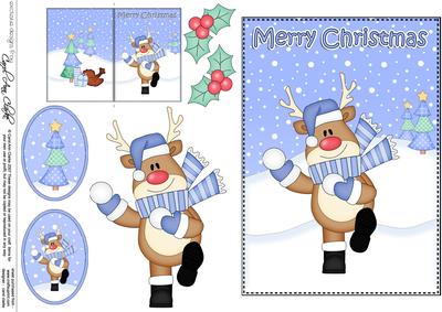 5x7 Christmas Snowballing Rudolph 3D Decoupage