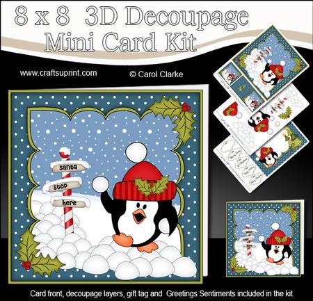 8x8 Xmas Pip Penguin Snowball Fight Mini Kit 3D Decoupage