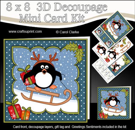 8x8 Xmas Sledging Pip Penguin Mini Kit 3D Decoupage