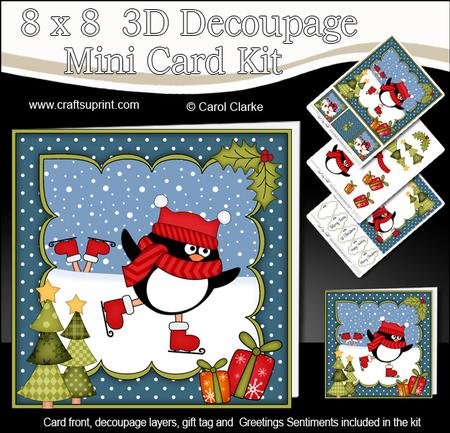 8x8 Xmas Skating Pip Penguin Mini Kit 3D Decoupage