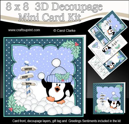 8x8 Xmas Pip Penguin Snowball Fight Mini Kit 3D Decoupage