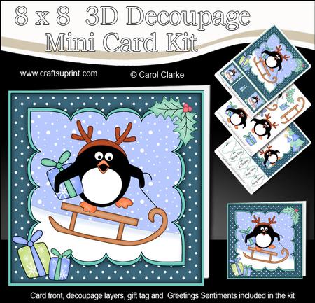 8x8 Xmas Sledging Pip Penguin Mini Kit 3D Decoupage