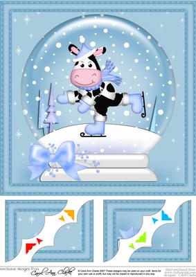 8 x 8 Xmas Milly Moo Cow Snowglobe Scalloped Corner