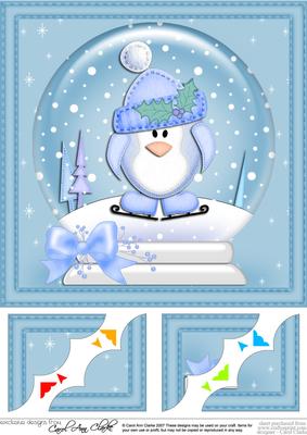 8 x 8 Xmas Penguin Snowglobe Scalloped Corner