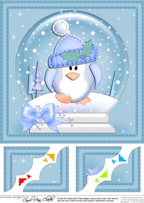 8 x 8 Xmas Penguin Snowglobe Scalloped Corner