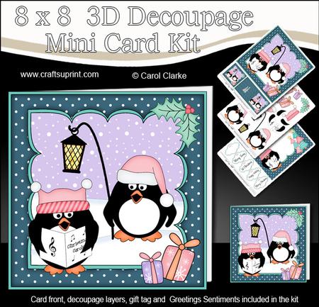 8x8 Xmas Carol Singing Pip Penguin Mini Kit 3D Decoupage