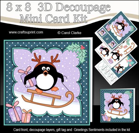 8x8 Xmas Sledging Pip Penguin Mini Kit 3D Decoupage