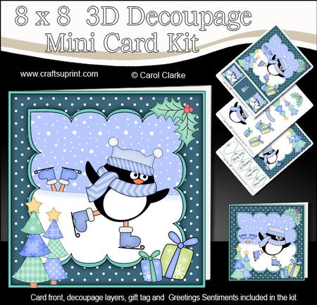 8x8 Xmas Skating Pip Penguin Mini Kit 3D Decoupage