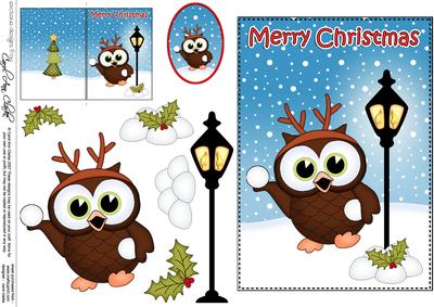5x7 Christmas Little Hoot Owl Lamp Post 3D Decoupage