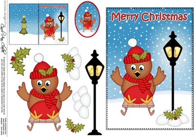 Christmas Cute Robin Lamp Post 5x7 3D Decoupage