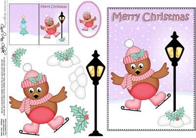 5x7 Christmas Cute Robin Lamp Post 3D Decoupage