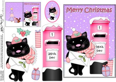 Christmas Cute Little Cat Postbox 5x7 3D Decoupage