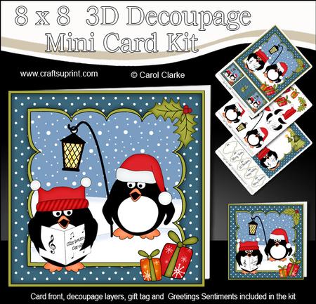 8x8 Xmas Carol Singing Pip Penguin Mini Kit 3D Decoupage