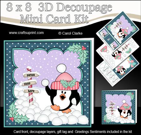 8x8 Xmas Pip Penguin Snowball Fight Mini Kit 3D Decoupage