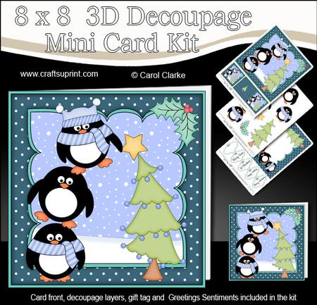 8x8 Xmas Pip Penguin Dressing the Tree Mini Kit 3D Decoupage