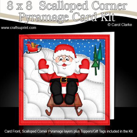 8 x 8 Xmas Sledging Santa Card Scalloped Corner Kit