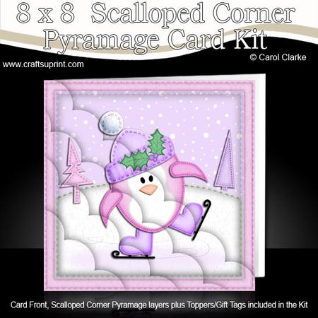 8 x 8 Xmas Skating Penguin Card Scalloped Corner Kit
