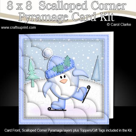 8 x 8 Xmas Skating Penguin Card Scalloped Corner Kit