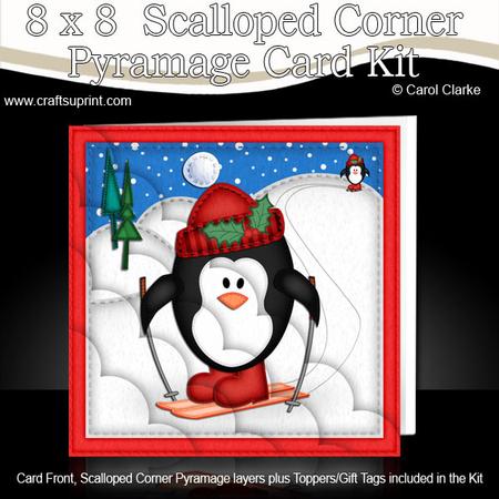 8 x 8 Xmas Skiing Penguin Card Scalloped Corner Kit
