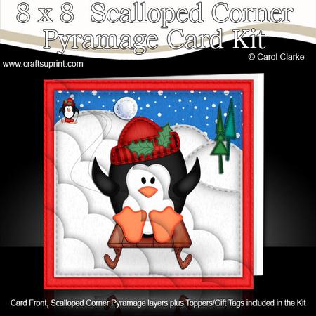 8 x 8 Xmas Sledging Penguin Card Scalloped Corner Kit
