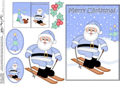 5x7 Christmas Skiing Santa 3D Decoupage